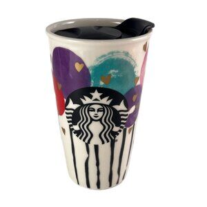 Starbucks 12oz DW Ceramic Hearts and Balloons Travel Cup, EUC 2016 Collectible